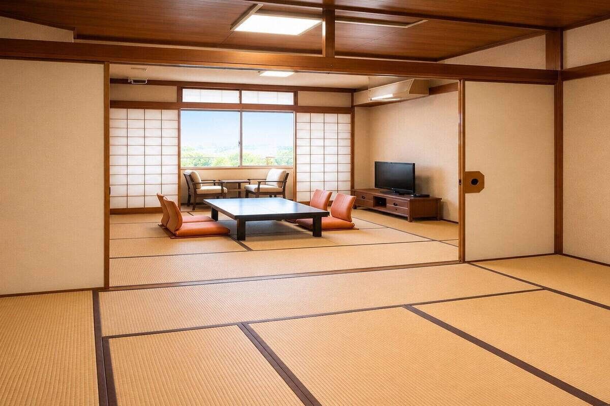 A tatami mat room with a television, a table, and chairs.