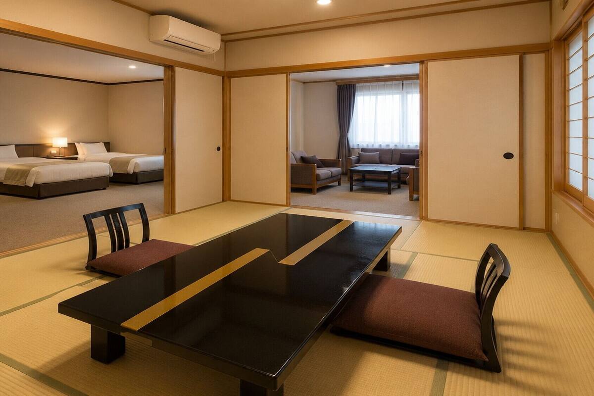A traditional Japanese-style room with tatami flooring, a low table, and a sofa.