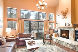 TV, fireplace - Village Point Buffalo Townhome • Private Hot Tub • Near Quick Silver Lift, In Breck (Breckenridge)