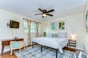 1 bedroom, desk, iron/ironing board, travel cot