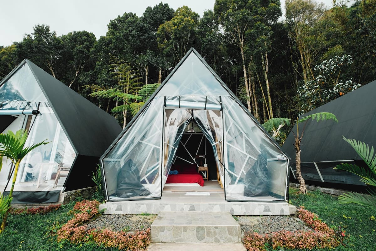 Ein transparentes Geodätendom-Zelt mit einem roten Bett im Inneren, umgeben von üppiger Vegetation und Bäumen.