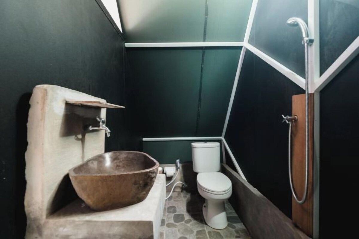 A small bathroom with a stone sink, a toilet, and a shower.