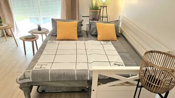 1 bedroom, desk, iron/ironing board, travel cot