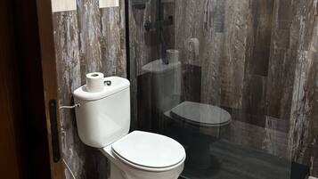 Un baño moderno con cabina de ducha de vidrio, inodoro y bidé.