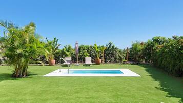 A rectangular swimming pool surrounded by a well-maintained lawn, with potted plants and a few lounge chairs.