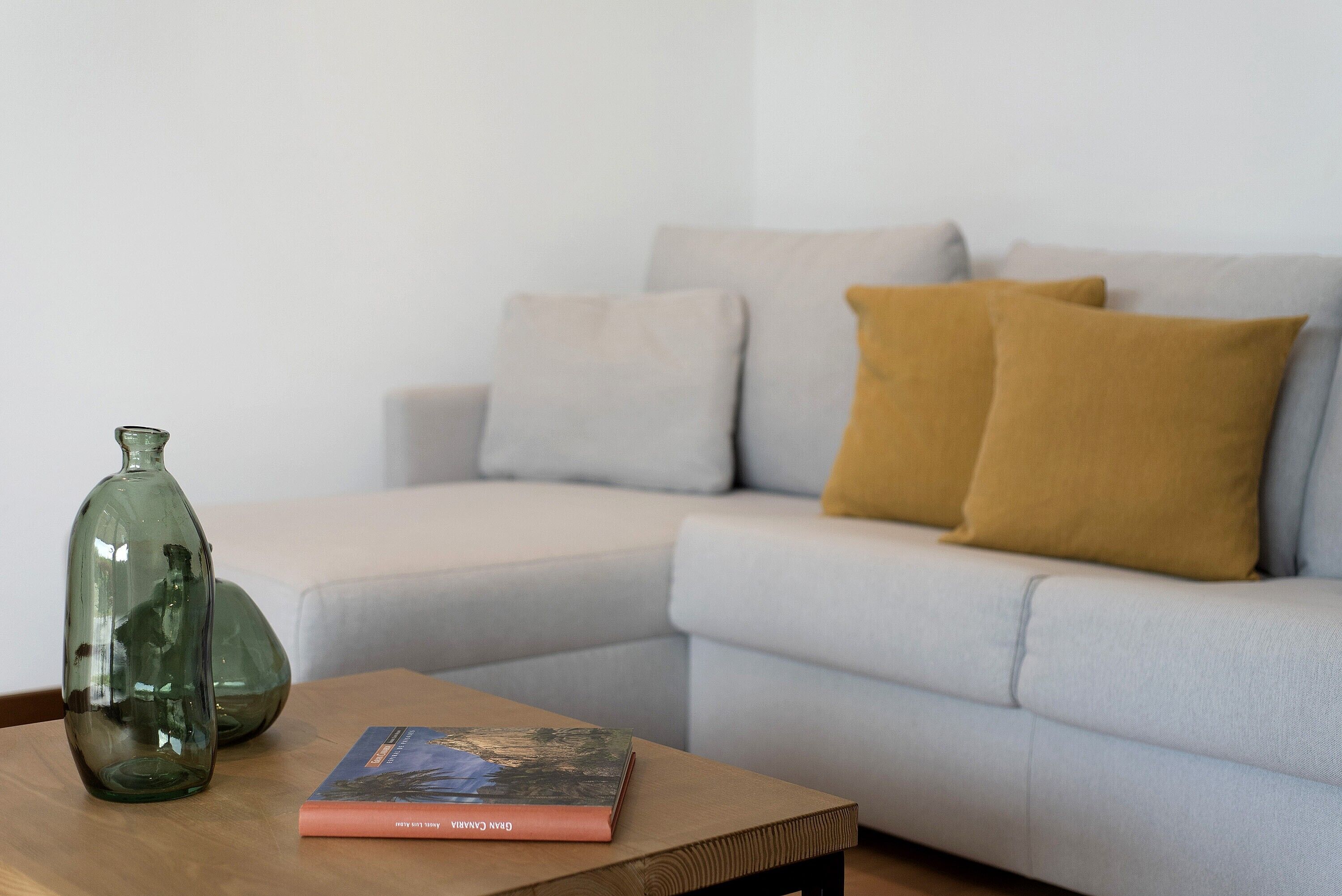 Een woonkamer met een bank, kussens, een houten salontafel en een boek.