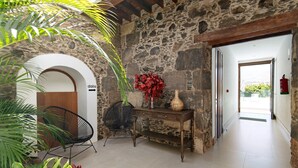 Un couloir aux murs de pierre, avec une porte en bois, une chaise noire, une console en bois sur laquelle est posé un vase, et une plante en pot.