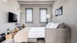 Une chambre moderne avec un lit, un canapé, une télévision et deux fenêtres.