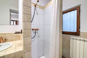 Douche, sèche-cheveux, bidet, serviettes fournies