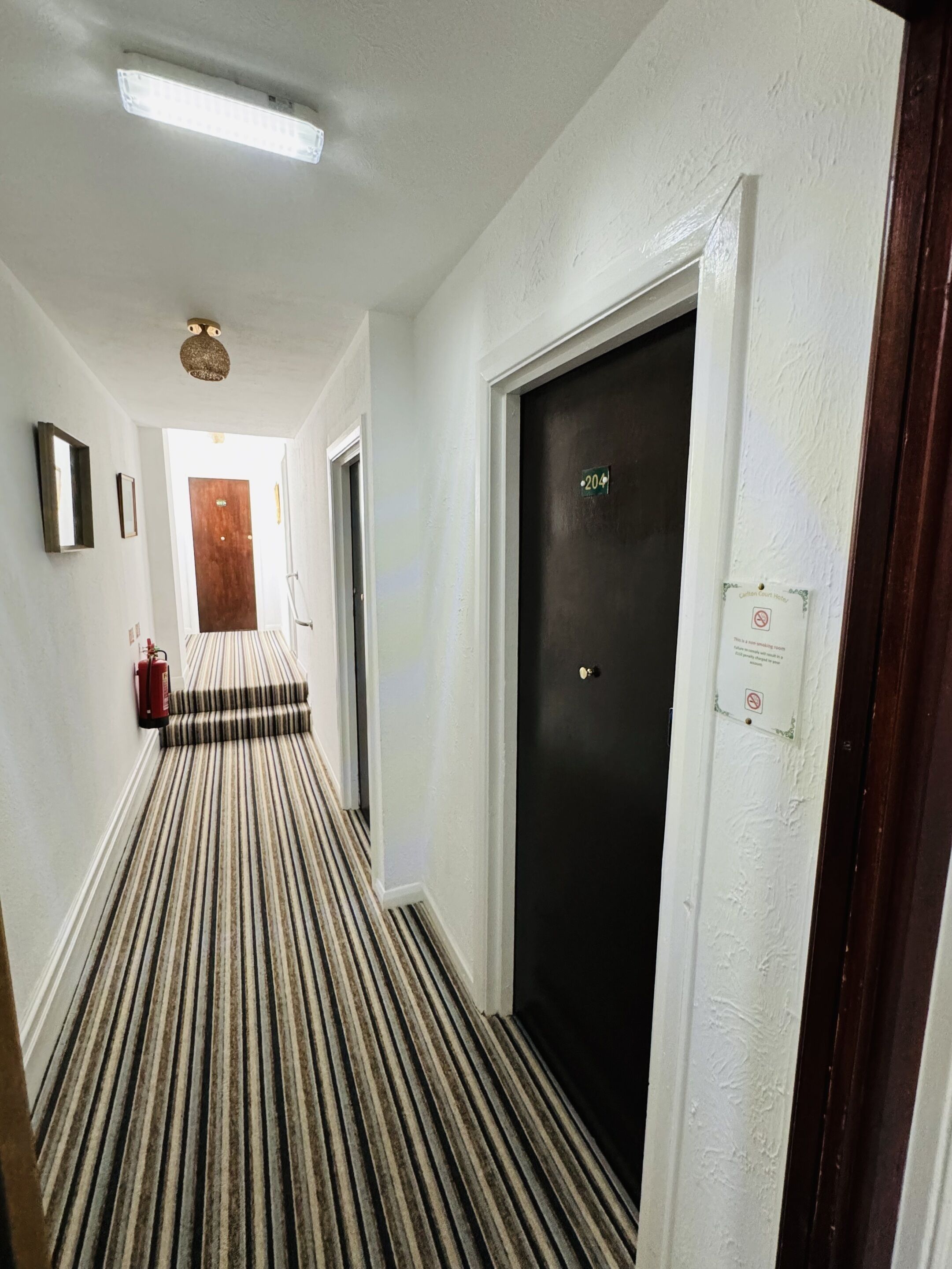 A hotel hallway with a striped carpet, a fire extinguisher, a door with a number sign, and a no-smoking sign.