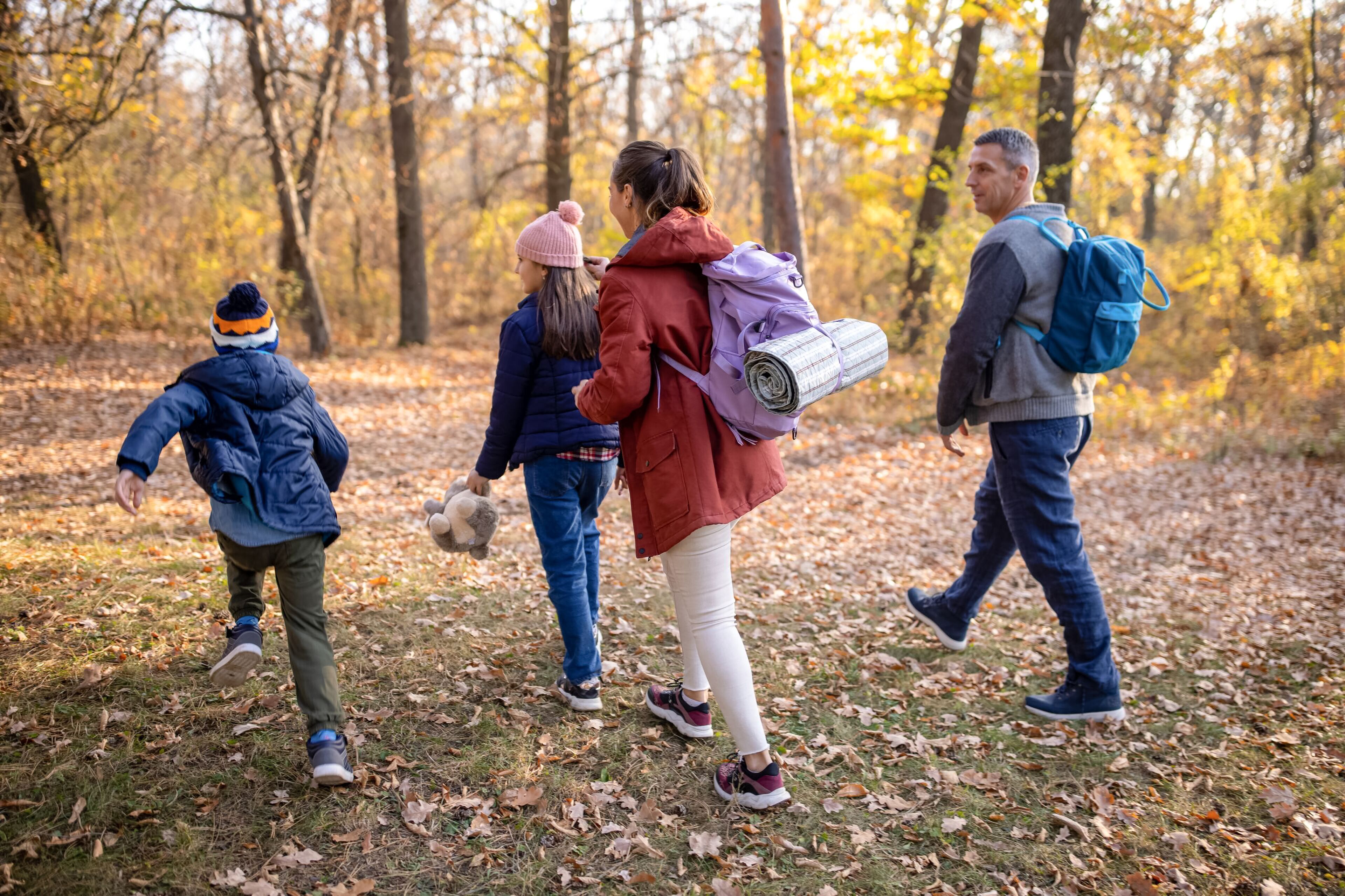 A group of people walking in a forested area with trees and fallen leaves on the ground.