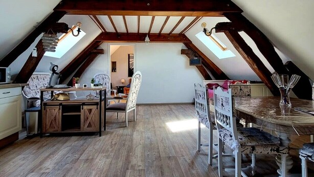 A loft-style room with a wooden floor, a dining table with chairs, a kitchen area with a counter and cabinets, and a skylight. - Character house from 1894 in the heart of the Champagne vineyards, near Epernay (Avize)