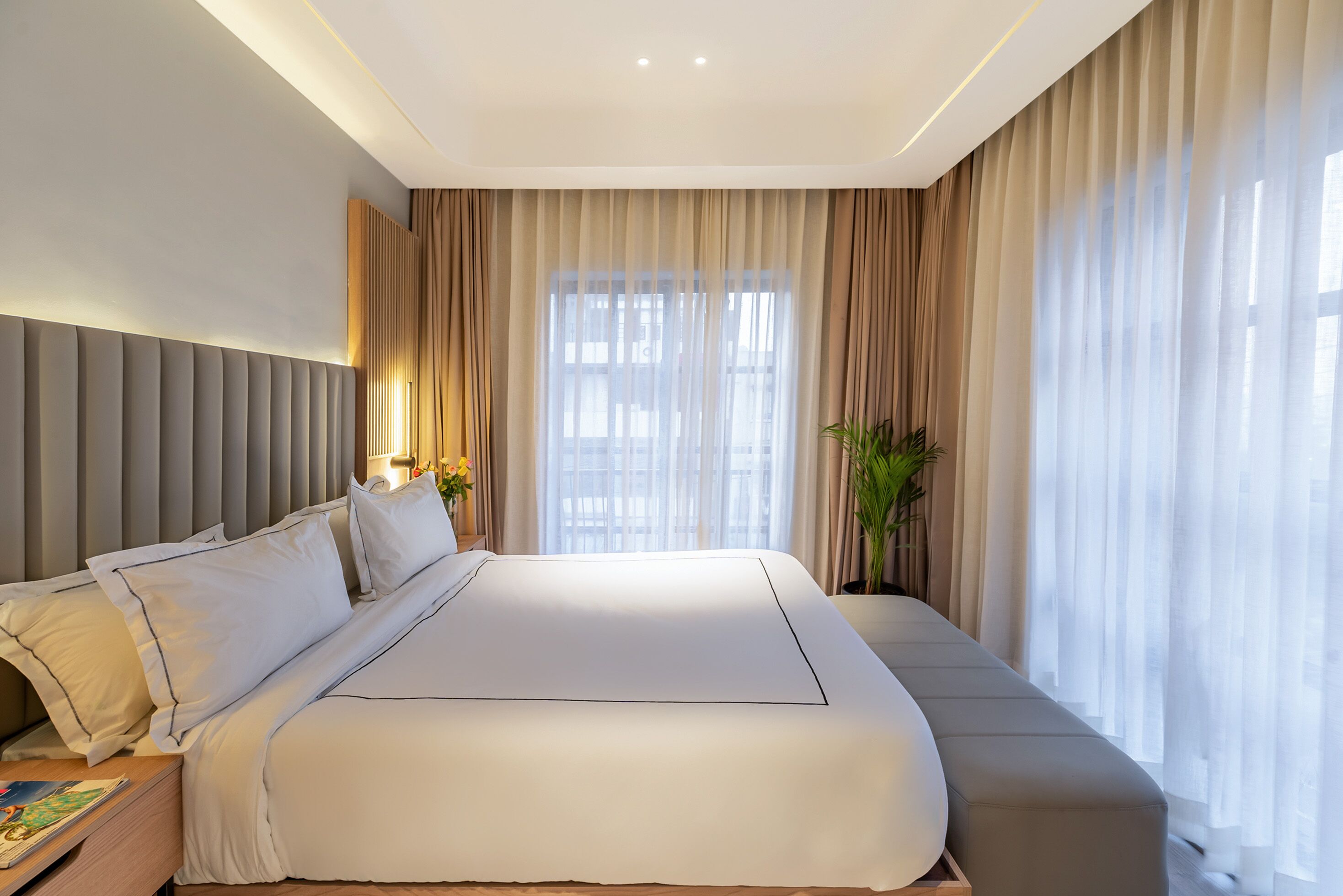 Ein modernes Hotelzimmer mit einem großen Bett, einem Nachttisch und einer Topfpflanze.
