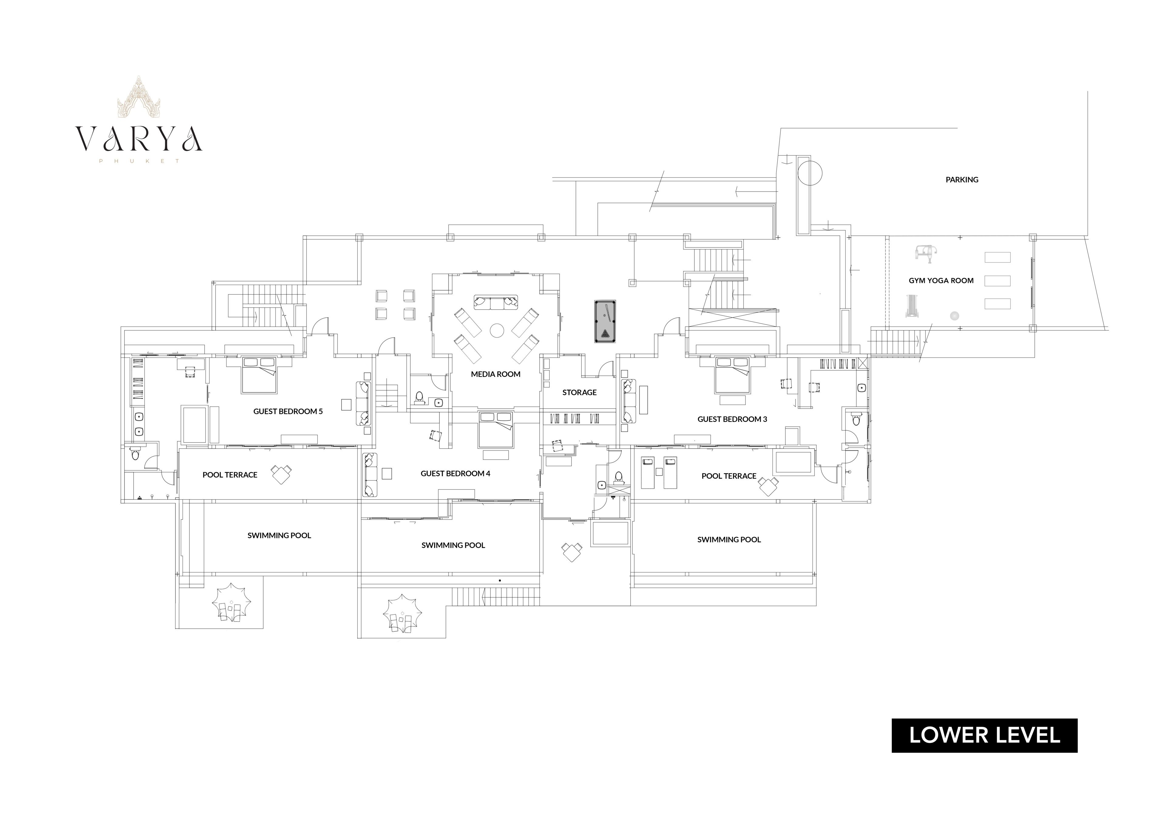 A floor plan of Varya Phuket hotel with guest bedrooms, pool terraces, a media room, storage, and a gym yoga room.