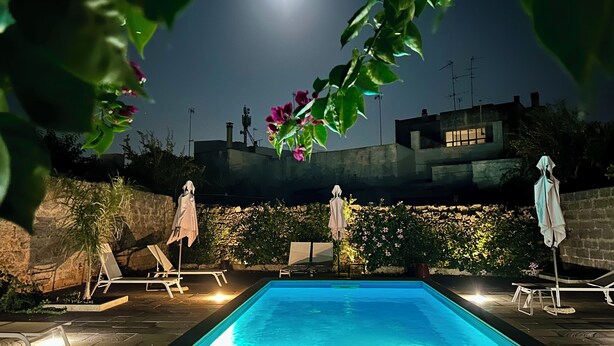 Une piscine entourée d’un mur de pierre et de plantes en fleurs, agrémentée de chaises longues et de parasols, sous un ciel nocturne où l’on peut apercevoir la lune.