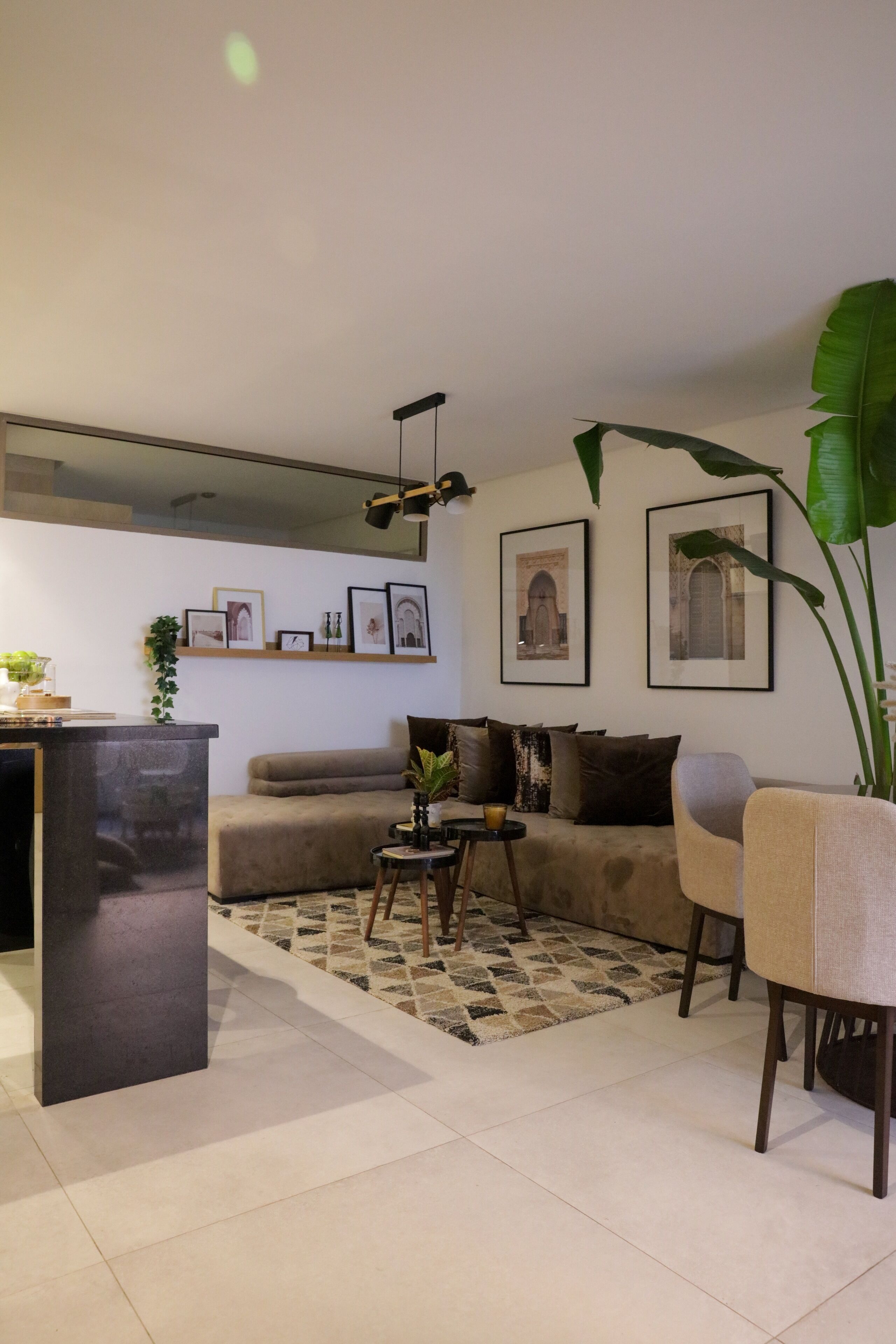 A modern living room with a sofa, a coffee table, and a chair. There are framed pictures on the wall and a large plant in the corner.