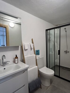 A bathroom with a sink, mirror, toilet, and shower.