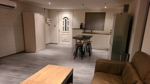 Uma sala de estar moderna com um sofá de couro e uma mesa de centro de madeira.