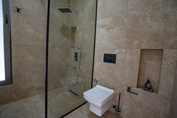 A modern bathroom with a glass-enclosed shower, a white toilet, and a small shelf with a decorative item.
