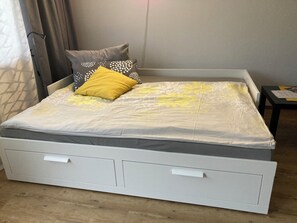 1 bedroom, desk, iron/ironing board, travel cot