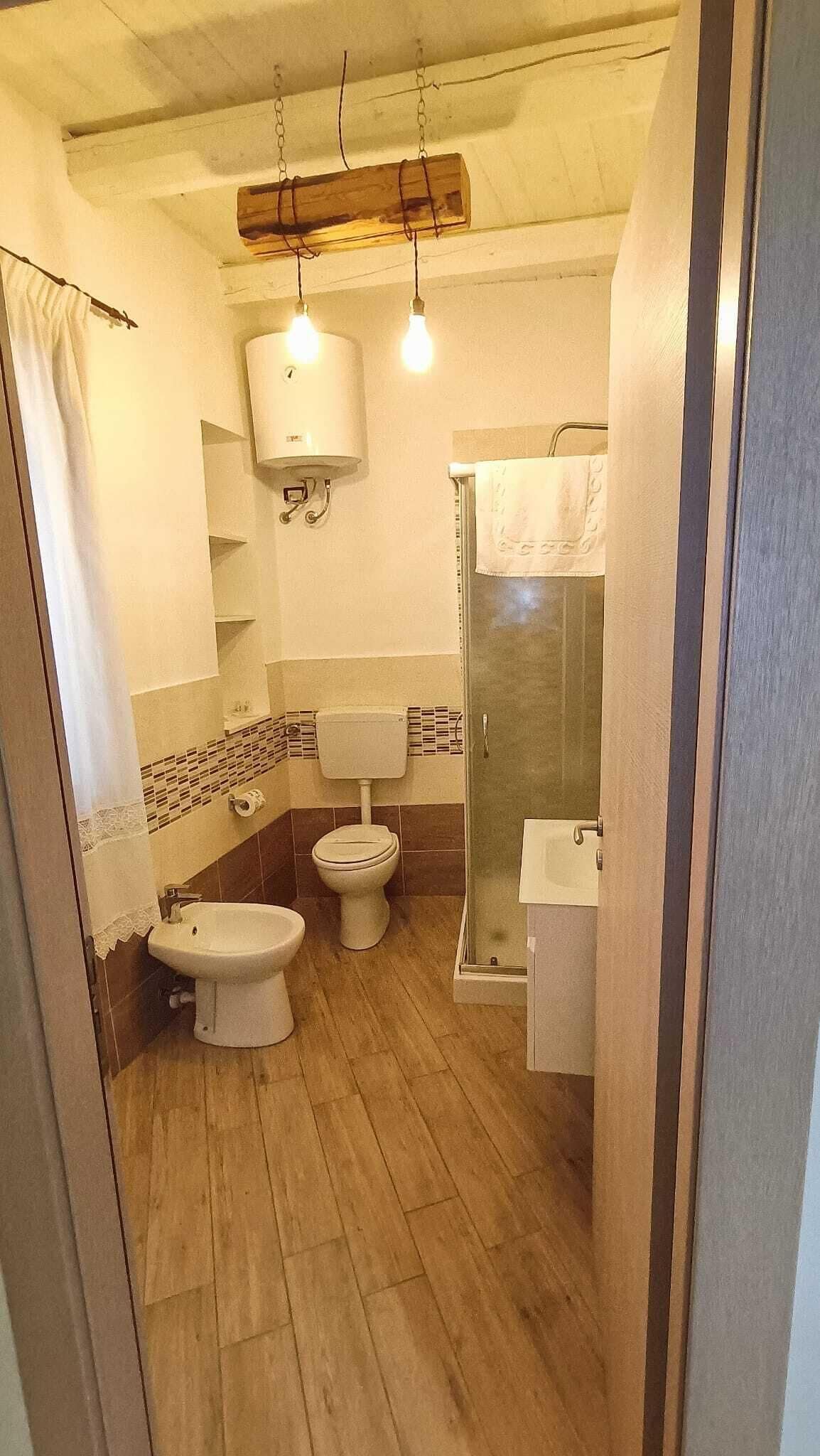 Un baño con inodoro, bidé y zona de ducha.