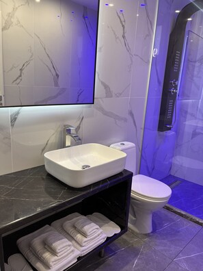 シャワー、ヘアドライヤー、タオル、トイレットペーパー