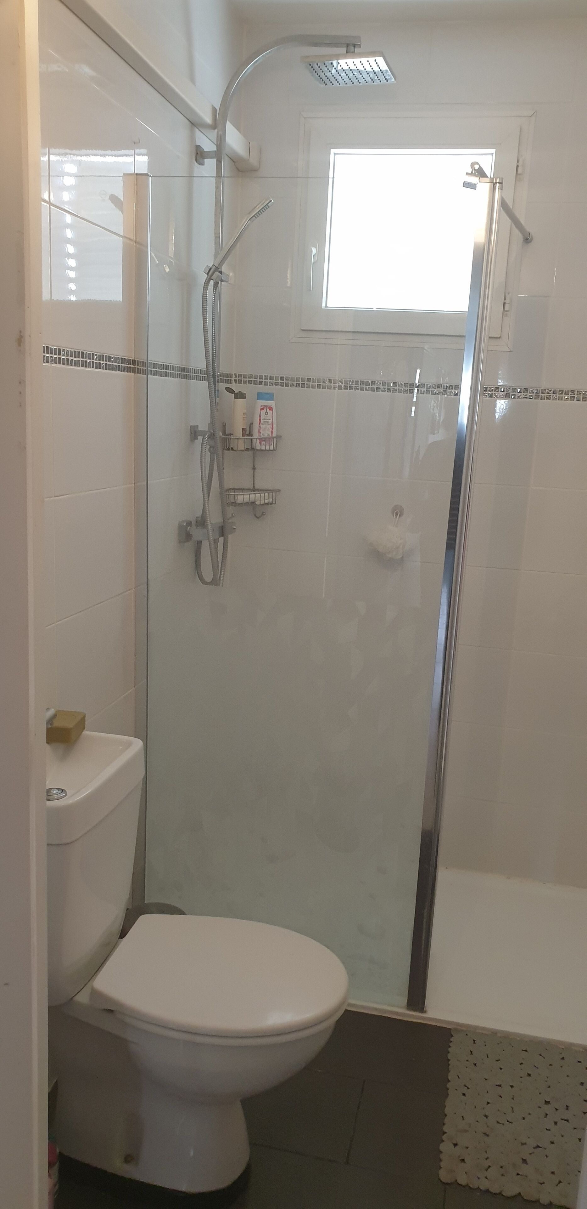 A small, compact bathroom with a glass-enclosed shower, a white toilet, and a small sink.