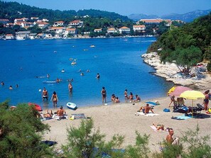 A beach with people swimming and sunbathing, surrounded by houses and trees. - Apartments Harmony (Zrnovo)