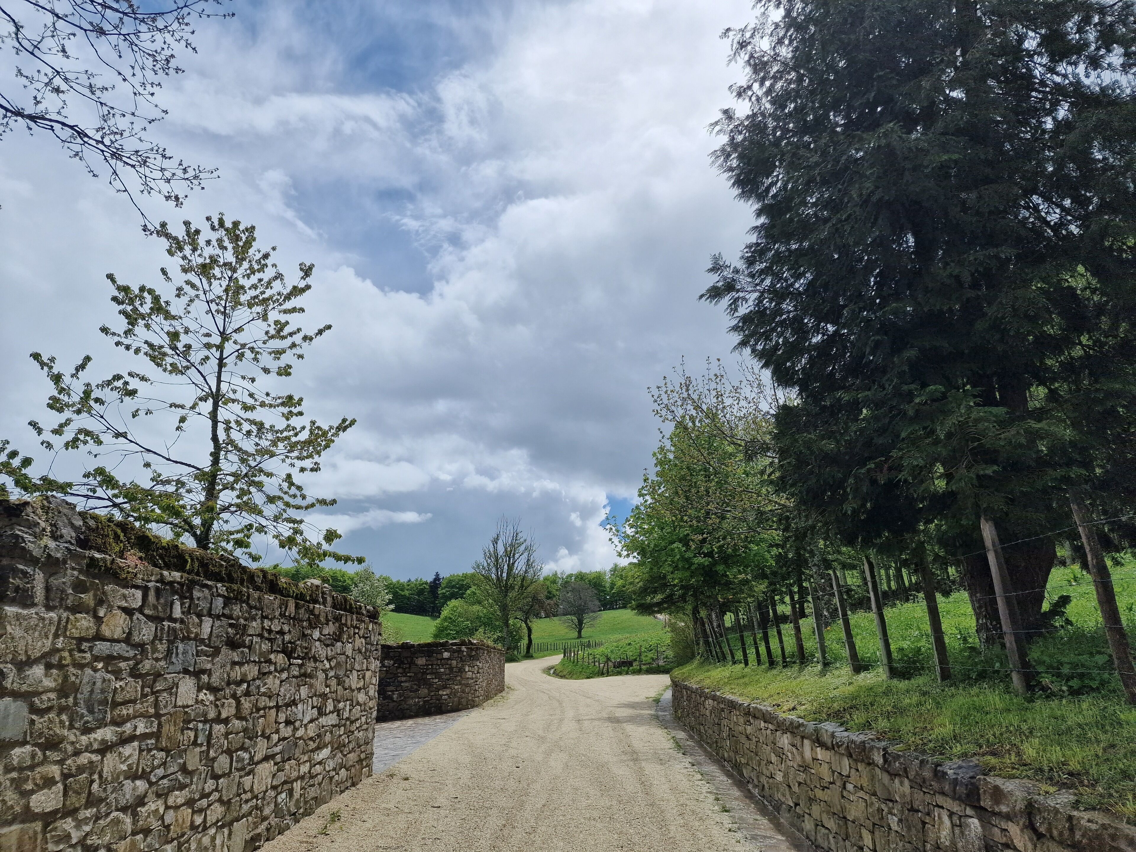 Eine ländliche Straße, gesäumt von Steinmauern und üppiger Vegetation, die in eine hügelige Landschaft führt.