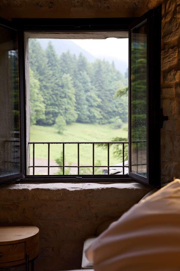 A room with a window overlooking a forested area. - Monastero Sant Alberico Relais (Verghereto)