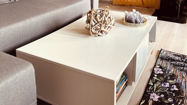Een moderne woonkamer met een grijze bank, een witte salontafel en een houten schuifdeur.