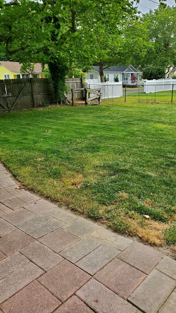 A well-maintained grassy yard with a wooden bench, a white fence, and a paved walkway. - Del Haven Delight (Middle Township)