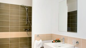 A modern bathroom with a shower, sink, and mirror.