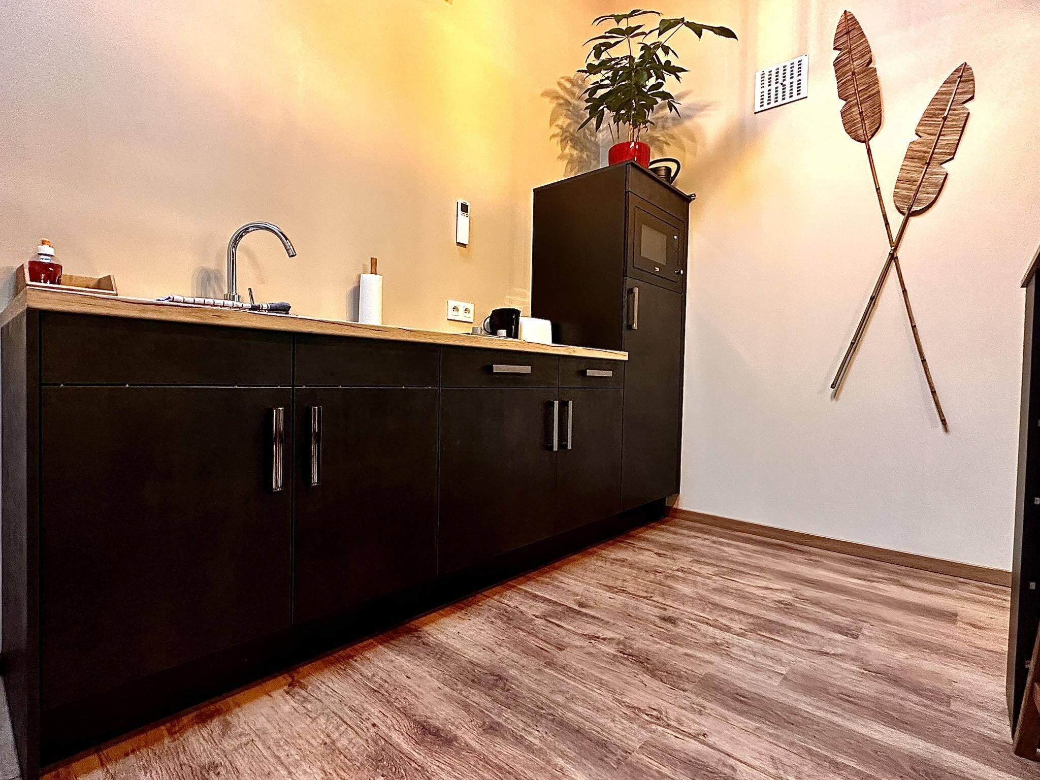 A kitchen with dark cabinets, a wooden countertop, a sink, a plant, and decorative feathers on the wall.
