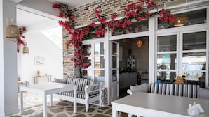 A cozy interior with a stone-patterned floor, white furniture, and a brick wall adorned with red flowers. - Xenios Zeus Hotel  (Sithonia)