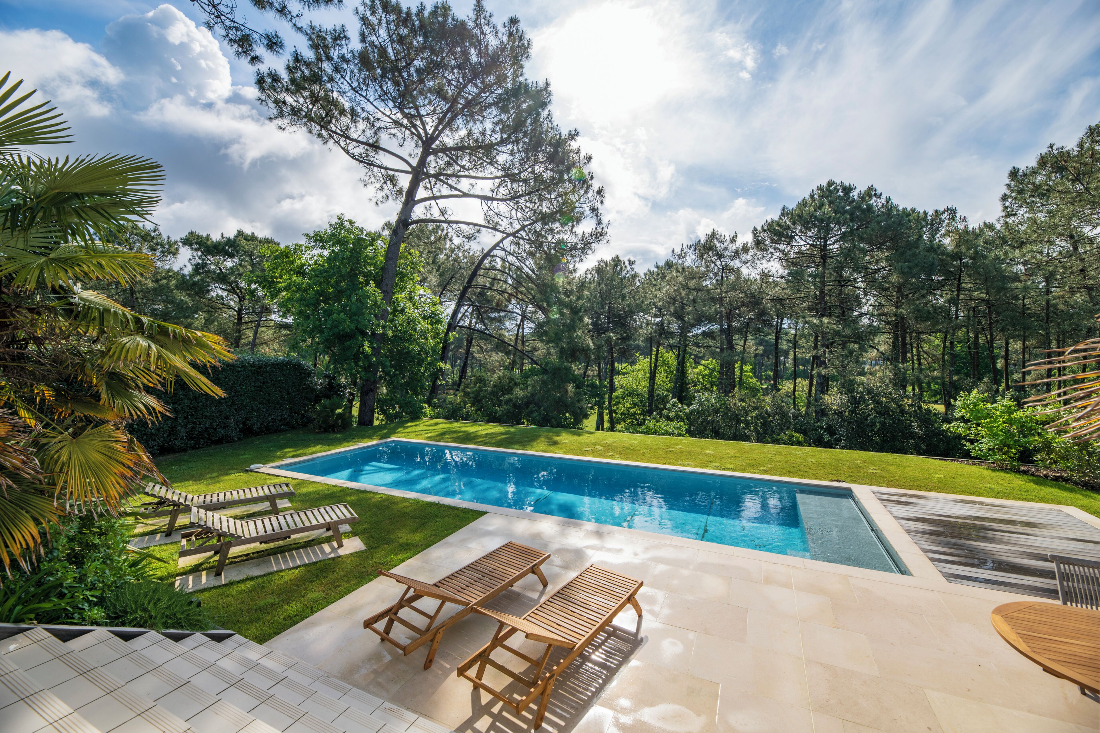 Une piscine avec des chaises longues, un espace patio et un décor boisé en arrière-plan.