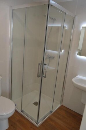 Separate bathtub and shower, jetted bath, rainfall showerhead