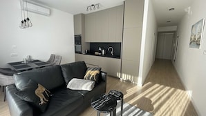 A modern living room with a black leather sofa, a small black coffee table, and a kitchen area with grey cabinets and a black countertop.