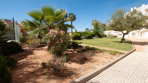 A landscaped garden with a paved walkway, palm trees, and a variety of shrubs and flowers. - Ondas Verdes - Central, Pool & Tenis Court (Albufeira)