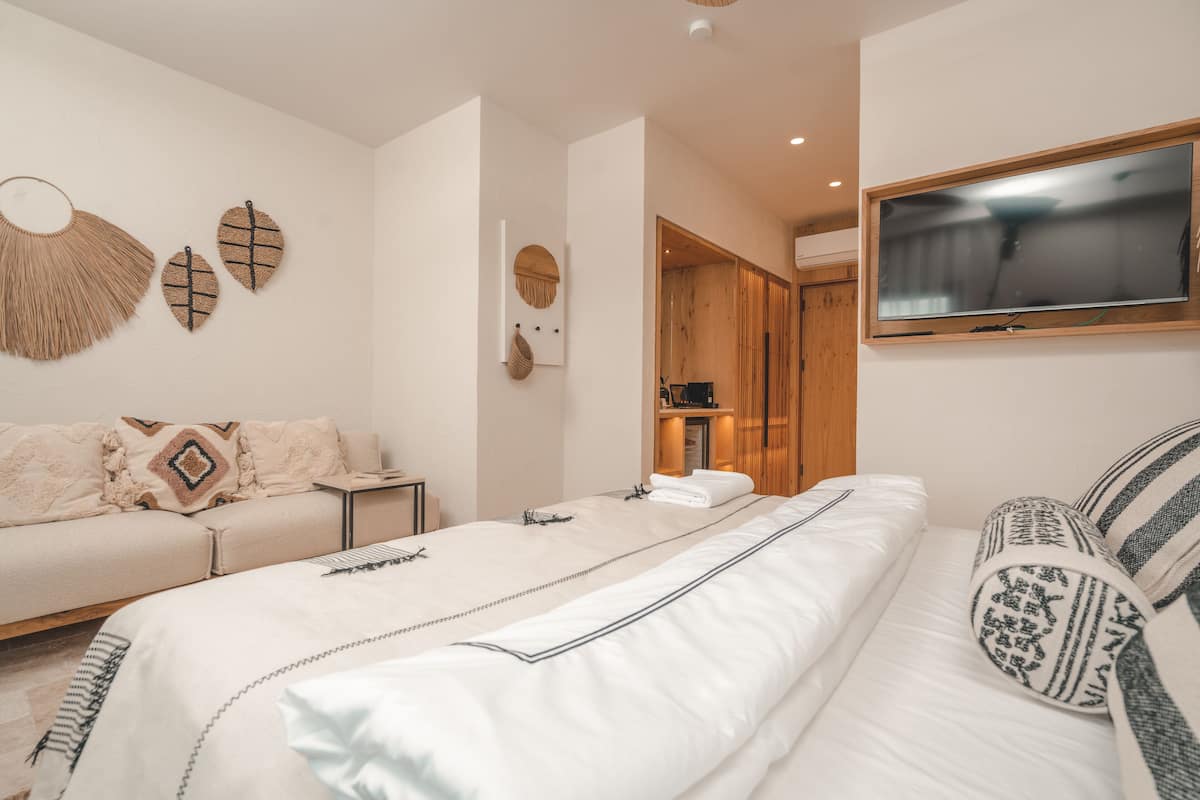 A modern bedroom with a bed, a sofa, a TV, and a wooden door leading to a bathroom.