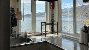 Une cuisine moderne dotée d’une grande fenêtre donnant sur un lac, d’un évier encastré et d’une chaise noire placée près de la fenêtre.