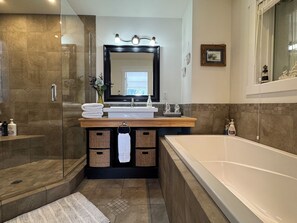 Hair dryer, towels, soap, shampoo