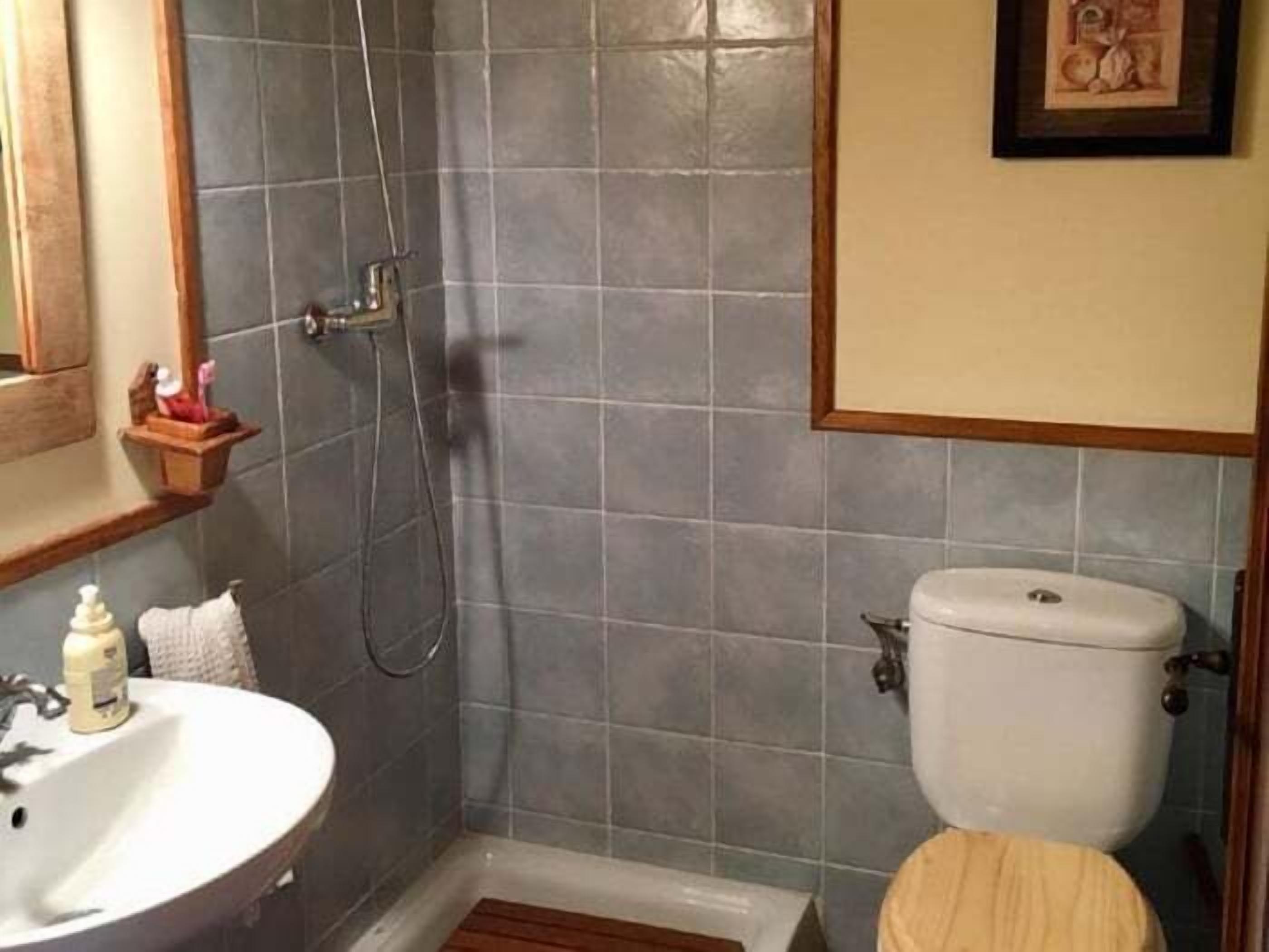 A bathroom with a white sink, a toilet, and a shower area.