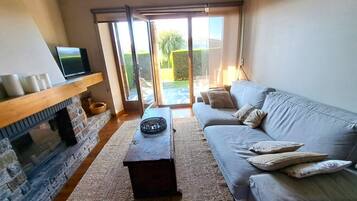 Una televisión, una chimenea