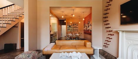 TV, fireplace, books, offices