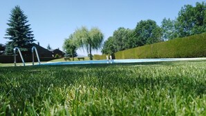 Une piscine avec une pelouse au premier plan et une haie en arrière-plan.