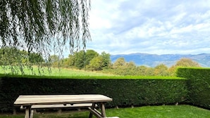 Ein Holztisch für ein Picknick in einer grünen Umgebung, mit Blick auf Berge und Bäume im Hintergrund.