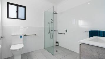 Shower, hair dryer, towels, shampoo