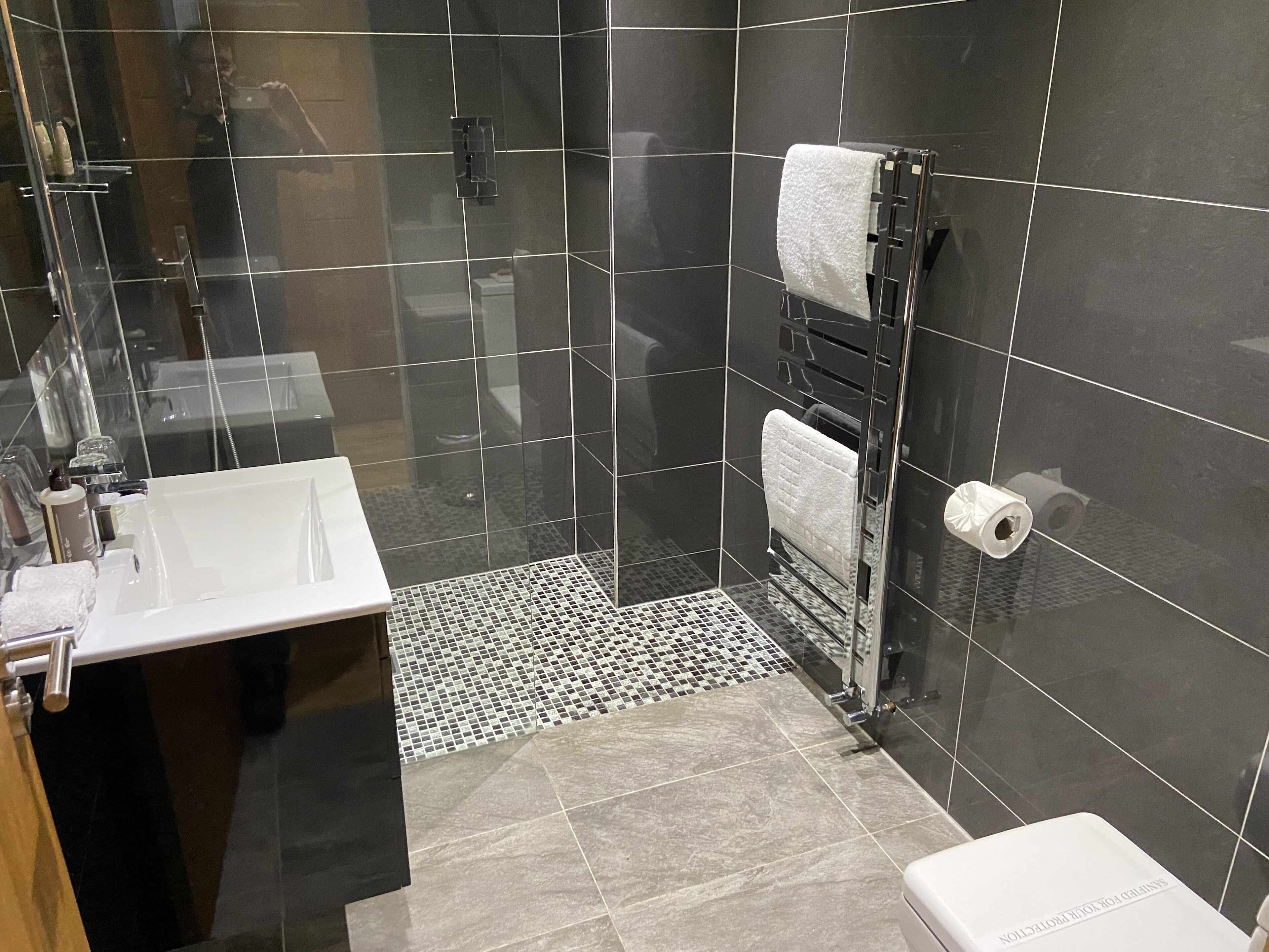 A modern bathroom with a glass-enclosed shower, a white sink, and a toilet.