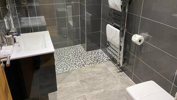 A modern bathroom with a glass-enclosed shower, a white sink, and a toilet.